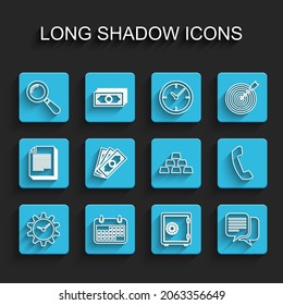 Set line Time Management, Calendar, Magnifying glass, Safe, Chat, Stacks paper money cash, Telephone handset and Gold bars icon. Vector