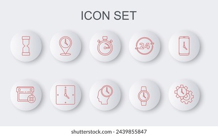 Set line Time Management, Calendar date delete, Stopwatch, Wrist, Old hourglass, Location with clock, Clock and  icon. Vector