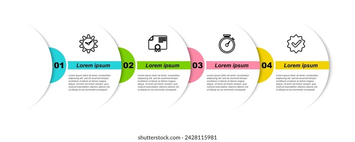 Set line Time Management, Certificate template, Stopwatch and Approved and check mark. Business infographic template. Vector