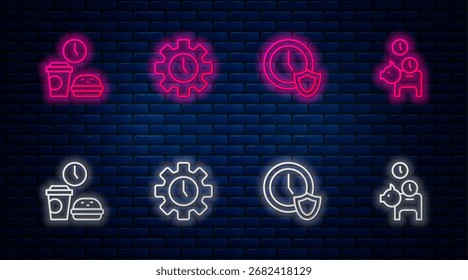 Establecer la línea de gestión del tiempo, reloj con escudo, tiempo de comida rápida y moneda de hucha. Icono de neón brillante en la pared de ladrillo. Vector