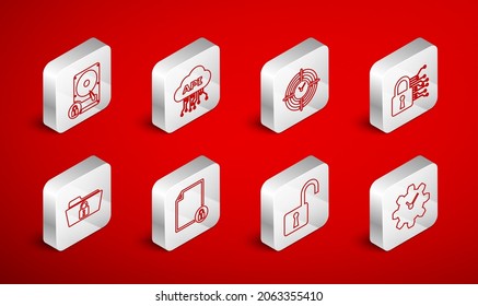 Set line Time Management, Cloud api interface, Cyber security, Open padlock, Hard disk drive and, Document and Folder icon. Vector