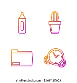 Set line Time Management, Document folder, Marker pen and Cactus and succulent in pot. Gradient color icons. Vector