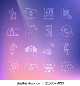 Set line Time Management, Electric scooter, CD or DVD disk with lock, Computer api interface, Open padlock, Credit card, Retro wall watch and Smartphone icon. Vector