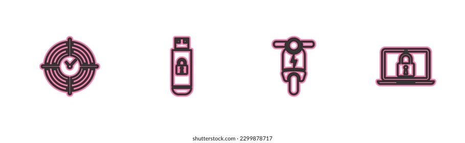 Set line Time Management, Electric scooter, USB flash drive with lock and Laptop and icon. Vector