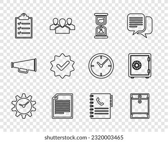 Set line Time Management, Envelope, Old hourglass, Document, Clipboard with checklist, Approved and mark, Phone book and Safe icon. Vector