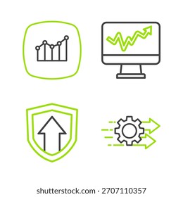 Establecer la línea de gestión del tiempo, crecimiento financiero, Monitor con gráfico e icono. Vector