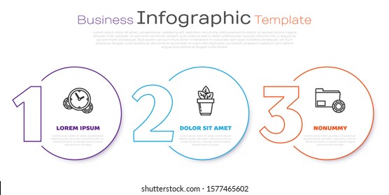 Set line Time Management, Flowers in pot and Folder settings with gears. Business infographic template. Vector