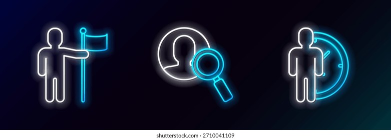Establecer la línea de gestión del tiempo, sosteniendo la bandera y la lupa para el icono de personas de búsqueda. Brillante neón. Vector