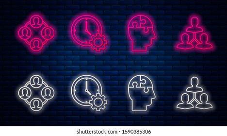 Set line Time Management, Human head puzzles strategy, Project team base and Project team base. Glowing neon icon on brick wall. Vector