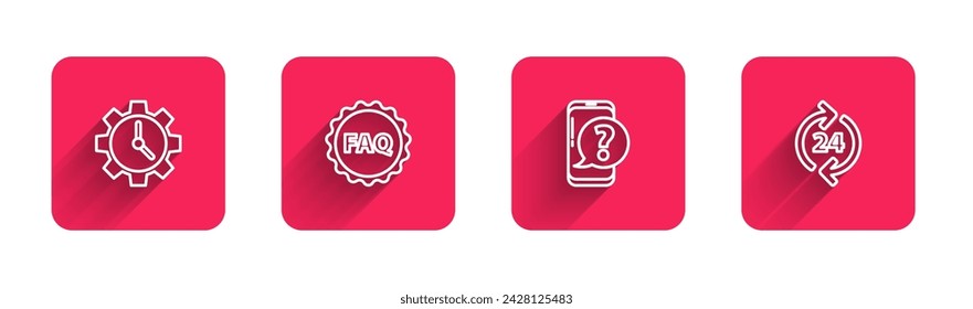 Setzen Sie die Leitung Zeitmanagement, Label mit Text FAQ, Handy Frage und Telefon 24 Stunden Support mit langen Schatten. Roter quadratischer Knopf. Vektor