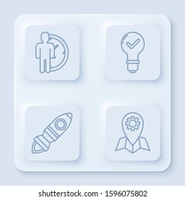 Set line Time Management, Light bulb and check mark, Rocket ship with fire and Location job. White square button. Vector
