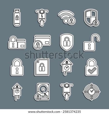 Set line Time Management, Lock and check mark, Open padlock, Wifi locked, Credit card with, USB flash drive and Shield security icon. Vector