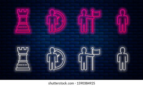 Set line Time Management, Man holding flag, Business strategy and User of man in business suit. Glowing neon icon on brick wall. Vector