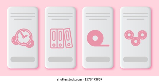 Set line Time Management, Office folders with papers and documents, Scotch and Gear. White rectangle button. Vector