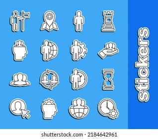 Set line Time Management, Old hourglass with flowing sand, Project team base, User of man business suit, Globe people, holding flag and Human gear inside icon. Vector