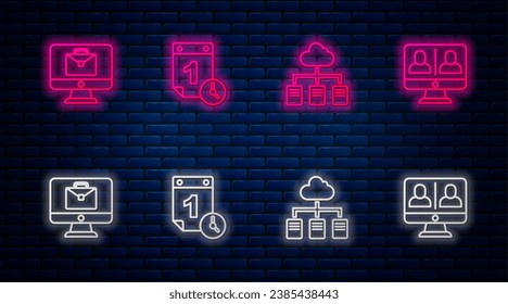 Set line Time management, Online working,  and Video chat conference. Glowing neon icon on brick wall. Vector