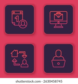 Set line Time management, Online working,  and Freelancer. Blue square button. Vector