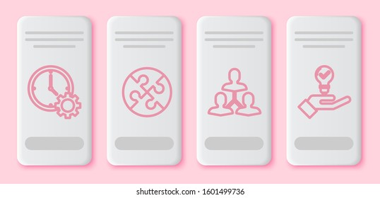 Set line Time Management, Piece of puzzle, Project team base and Light bulb in hand. White rectangle button. Vector