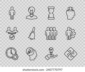 Set line Time Management, Piece of puzzle, Old hourglass with flowing sand, Human head lamp bulb, User business suit, Ringing bell, Light hand and gear inside icon. Vector