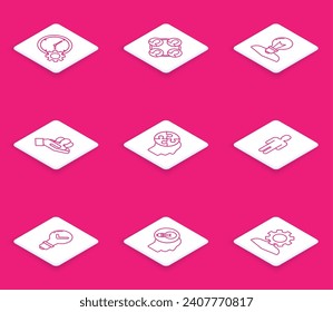 Fijar la línea Gestión del tiempo, base del equipo del proyecto, Cabeza humana con lámpara, estrategia de rompecabezas, Usuario de en traje de negocio, Marca de luz y marca de verificación e icono. Vector