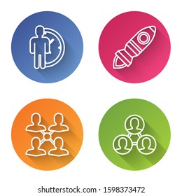 Set line Time Management, Rocket ship with fire, Project team base and Project team base. Color circle button. Vector