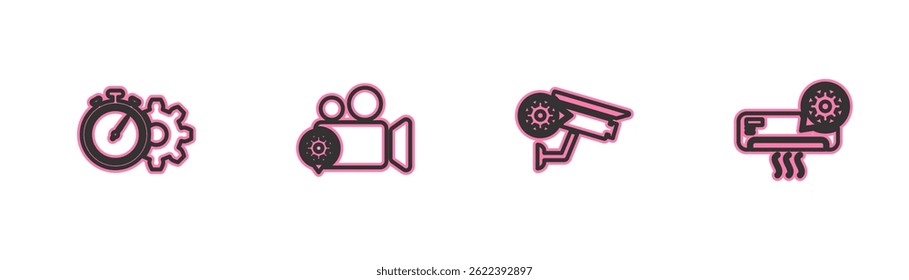 Set line Time management setting, Security camera, Video and Air conditioner icon. Vector