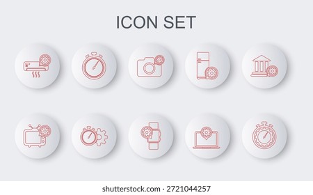 Definir a linha Configuração de gerenciamento de tempo, Tv, Câmera fotográfica, Laptop, Ar condicionado, Cronômetro e Smartwatch ícone. Vetor
