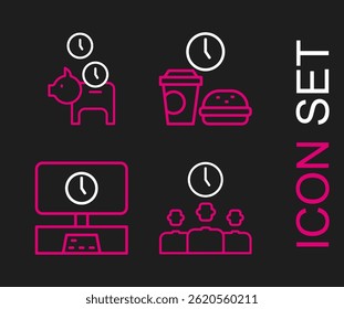 Set line Time Management, Smart Tv time, Fast food and Piggy bank with coin icon. Vector