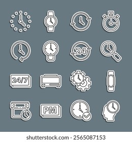 Set line Time Management, Smartwatch, Magnifying glass with clock, Clock,  and 24 hours icon. Vector