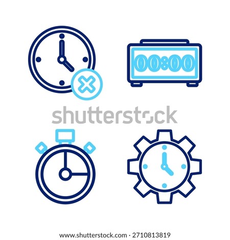Set line Time Management, Stopwatch, Digital alarm clock and Clock delete icon. Vector