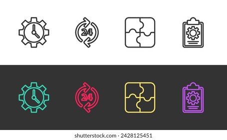 Set line Time Management, Telephone 24 hours support, Piece of puzzle and Checklist with service on black and white. Vector