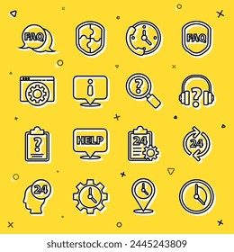 Set line Time Management, Telephone 24 hours support, Headphones, Information, Browser setting, Speech bubble with FAQ and Unknown search icon. Vector