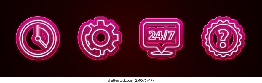 Establecer la línea de gestión del tiempo, teléfono 24 horas de Asistencia, reloj y signo de interrogación. Icono de neón brillante. Vector