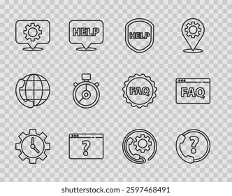 Set line Time Management, Telephone 24 hours support, Shield with text Help, Browser question mark, Location gear, Stopwatch,  and FAQ icon. Vector