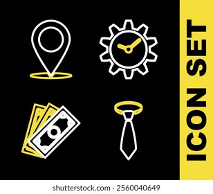 Set line Time Management, Tie, Stacks paper money cash and Map pin icon. Vector