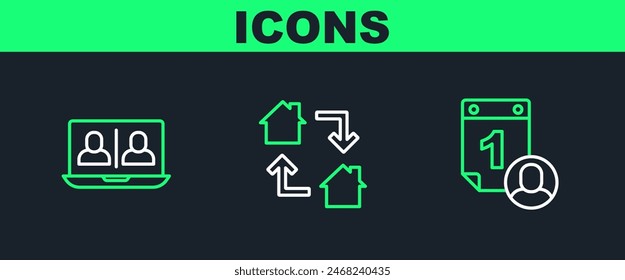Set line Time management, Video chat conference and Online working icon. Vector