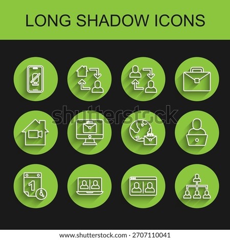 Set line Time management, Video chat conference, Mute microphone mobile, Hierarchy organogram chart, Online working, Freelancer and  icon. Vector
