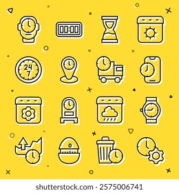 Set line Time management, Wrist watch, Alarm clock app mobile, Old hourglass, zone clocks, Clock 24 hours,  and Delivery truck and time icon. Vector