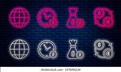 Set line Time is money, Money bag and coin, Earth globe and Money exchange. Glowing neon icon on brick wall. Vector