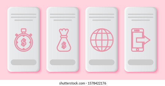 Set line Time is money, Money bag, Earth globe and Smartphone, mobile phone. White rectangle button. Vector