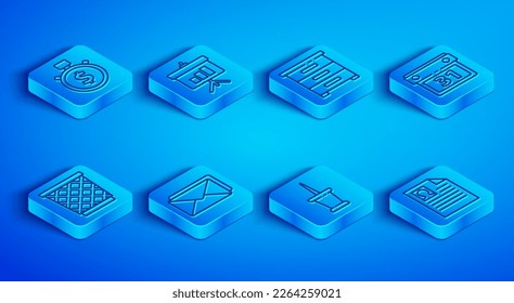 Set line Time is money, Chalkboard with diagram, Drawer documents, Envelope, Push pin, Calendar, Trash can and Resume icon. Vector