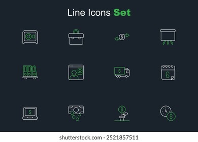 Set line Time is money, Dollar plant, Stacks paper cash, Laptop with dollar, Calendar, Armored truck, Video chat conference and Office folders icon. Vector