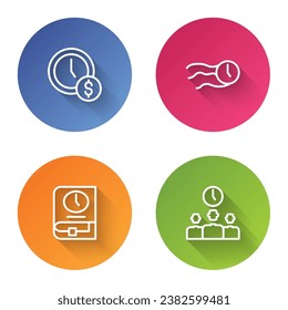 Establecer tiempo de línea es dinero, vuela el reloj, para libro y gestión. Botón de círculo de color. Vector