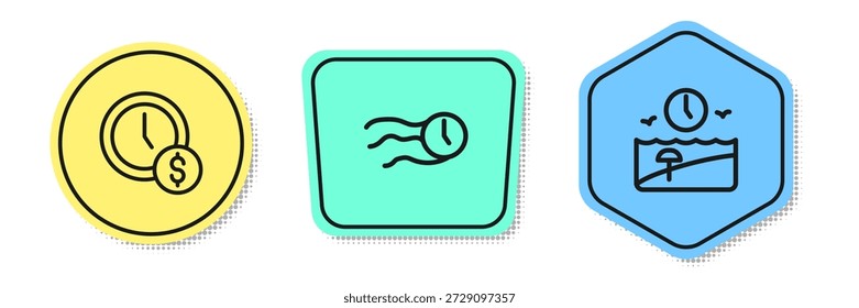El tiempo es dinero, vuela el reloj y el tiempo de vacaciones. Formas de colores. Vector