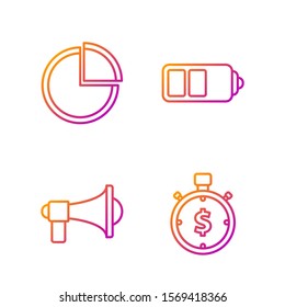 Set line Time is money, Megaphone, Pie chart infographic and Battery charge level indicator. Gradient color icons. Vector
