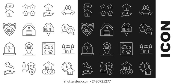 Set line Time is money, Real estate, Price negotiation, Realtor, Garage, House with shield, dollar and Location key icon. Vector