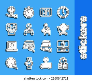 Set line Time is money, Smart Tv time, Ringing alarm bell, Morning, Gamepad of, From 9, Clock and Piggy bank with coin icon. Vector