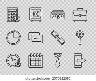 Set line Time is money, Smartphone, mobile phone, Stacks paper cash, Calendar, Calculator with dollar symbol, Speech bubble chat, Tie and Magnifying glass and icon. Vector