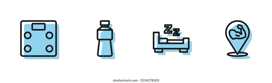 Set line Time to sleep, Bathroom scales, Bottle of water and Bodybuilder muscle icon. Vector