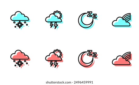 Set line Time to sleep, Cloud with snow, Storm and Rainbow clouds icon. Vector
